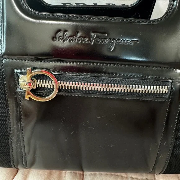 Vintage Salvatore Ferragamo Black Nylon & Patent Leather Mini Bag - Picture 2 of 9